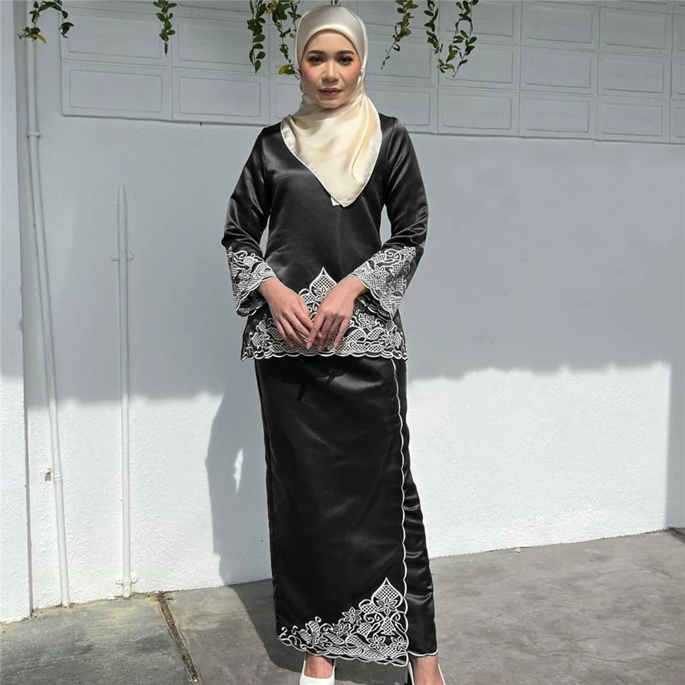 Turkey Ramadan Muslim Set Women Fashion Satin Long Sleeve Tops Skirts Blouse Embroidery Baju Kurung Vintage Casual Elegant Suit