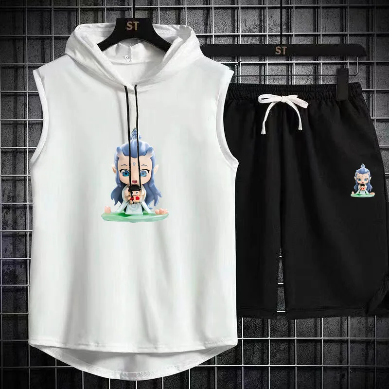 Nezha animation printed hooded vest shorts set spring summer men's suit