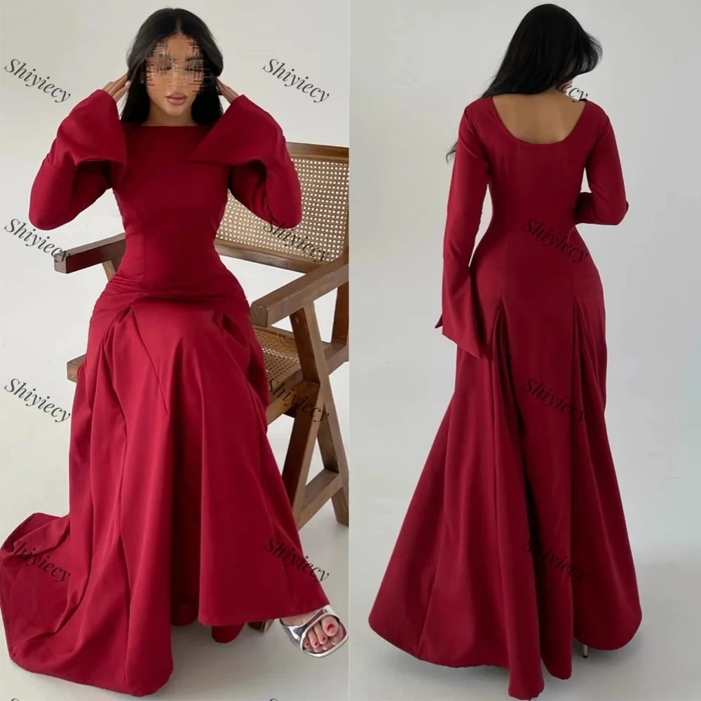 Saudi Arabia Jersey Evening Dress with Long Flare Sleeves Boat Neck A-Line Prom Dress High Quality Formal Evening Party Gowns