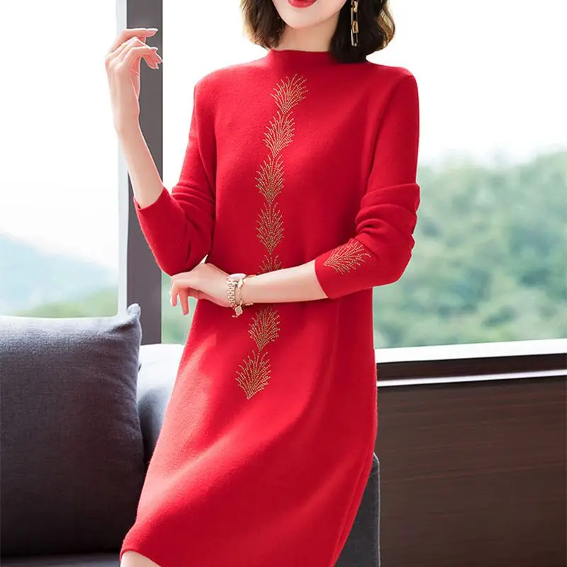 Vintage Korean Dress Long Sleeve Slim Woman Sweater es Knitted Elegant Half High Collar Midi Party   Autumn Q526