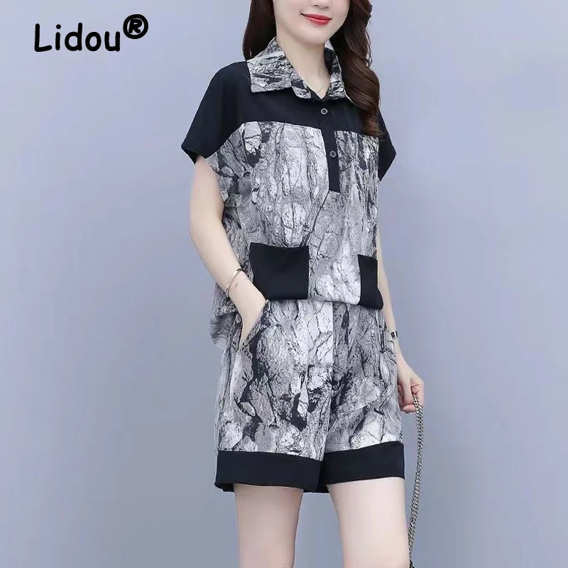 2 Piece Sets Women 2024 Summer Korean Fashion Print Patchwork Short Sleeve Tops Female Casual Street Pockets Loose Shorts Outfit