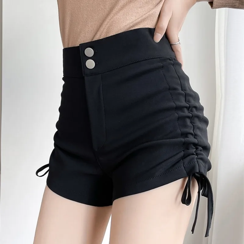 High Waist Wide Leg Short Pants Women's Retro Drawstring Pleated Suit Shorts Spring Autumn New Style Small Size Hot Pants