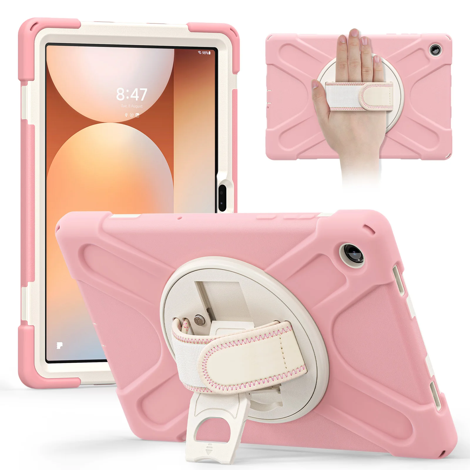 

For Samsung Galaxy Tab A11+ Kickstand Case TPU PC Silicone Tablet Cover with Shoulder Strap - Pink