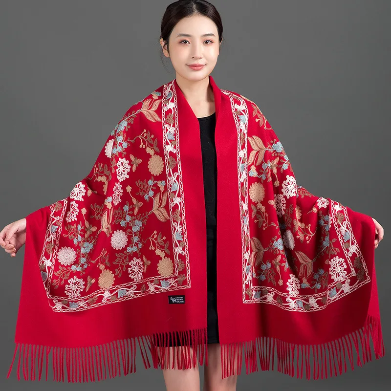 Luxury Floral Embroidered Cashmere Scarf Women Winter Warm Pashmina Shawls and Wraps for Lady Tassels Foulard Bufanda Blanket