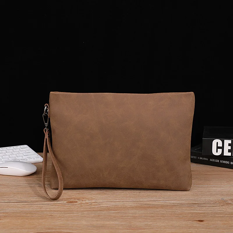 Casual Soft PU Leather Horizontal Square Clutch Bag Coffee Brown Crazy Horse Skin Men's Handheld Bag