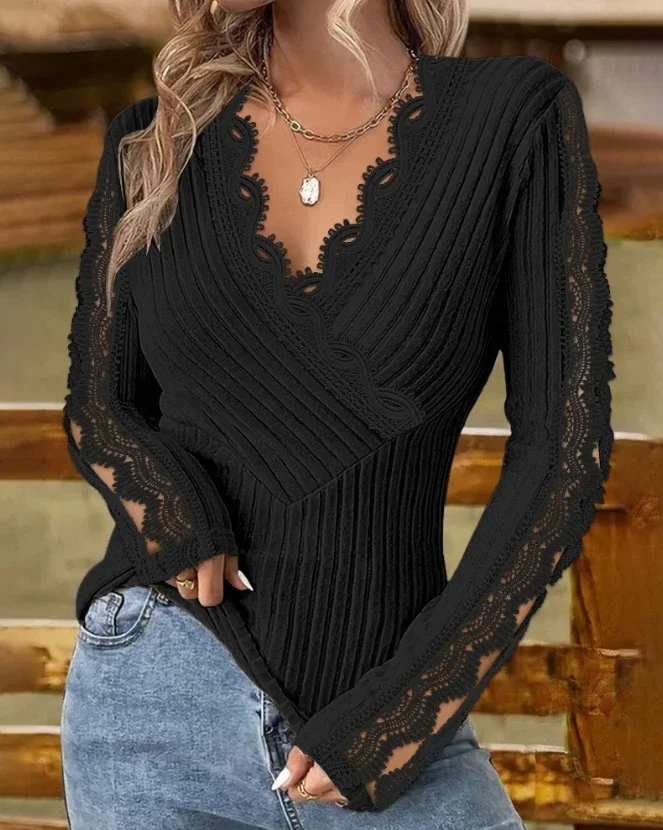 Elegant Blouses for Woman 2023 Autumn Spring Sexy V-Neck Lace Patch Long Sleeve Top Fashion Female Clothing T-Shirts Pullover