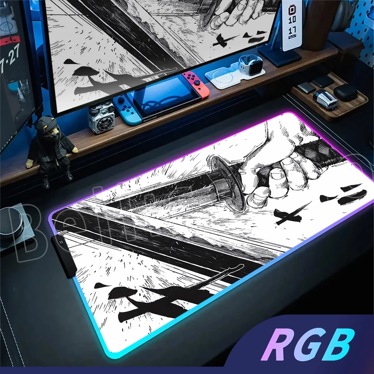 

PC Gaming RGB Black & White Comics Mouse Pad Laptop Home Office Setup Gamer Rubber LED Backlight E-sports Accessory Desk Carpet