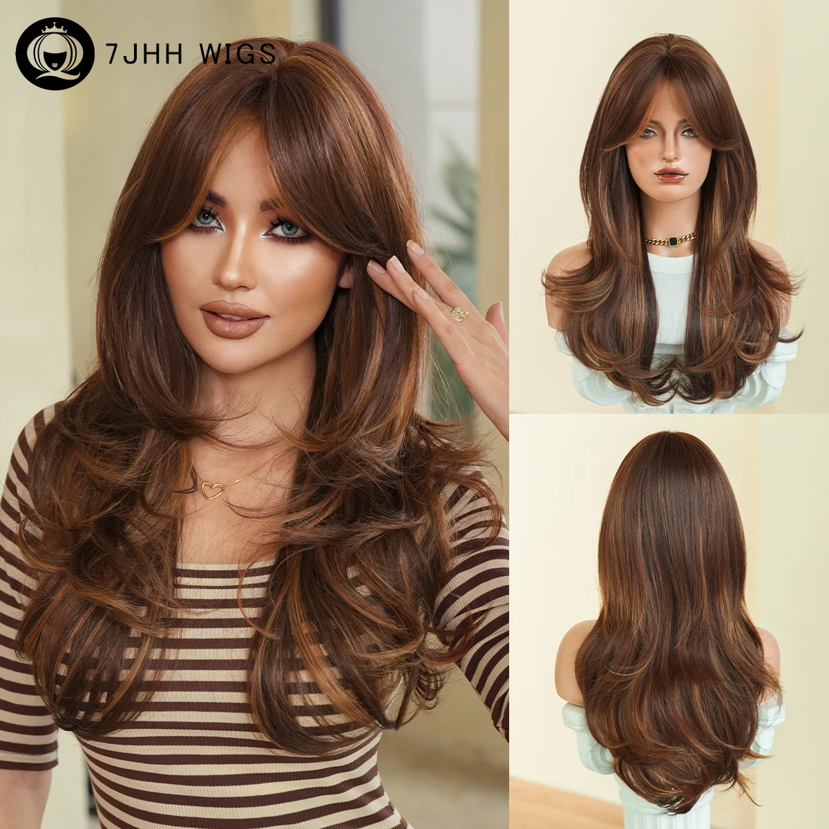 

Long Body Wave Copper Wig for Women Modest Fashion Synthetic Middle Part Wear and Go Highlight Orange Wigs with Curtain Bangs