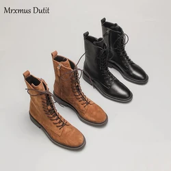 Mrxmus Dutit 2023 Autumn Winter Fashion New Women Genuine Leather Lacing Flat Short Boots Round Head Simple Casual Short Female