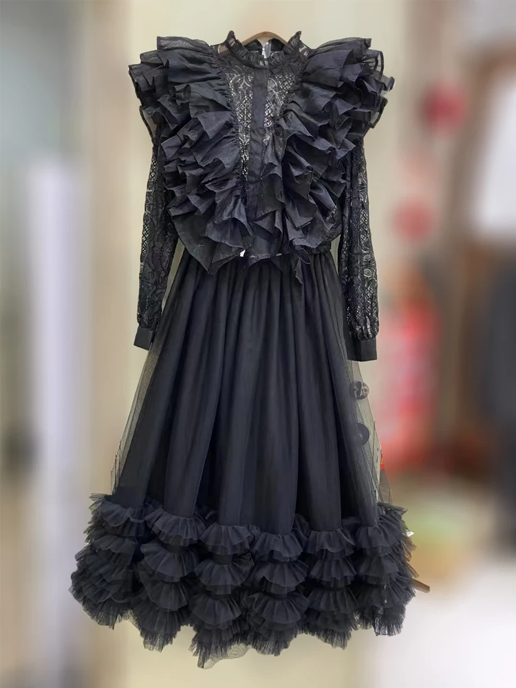 

SEQINYY Elegant Black Dress Summer Spring New Fashion Design Women Runway High Street Vintage Lace Ruffles Cascading Holiday