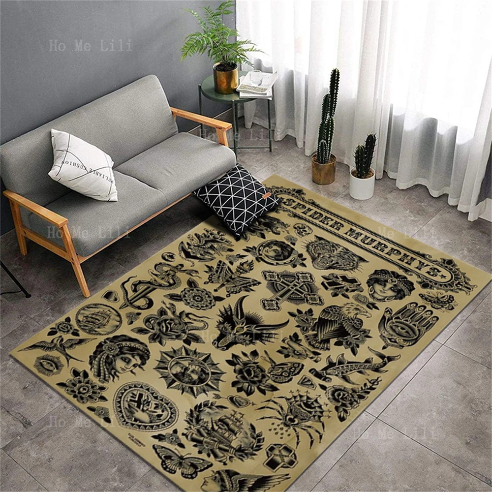 Old American Style Retro School Tattoo Design Spider Murphys Non Slip Flannel Carpet For Home Decoration