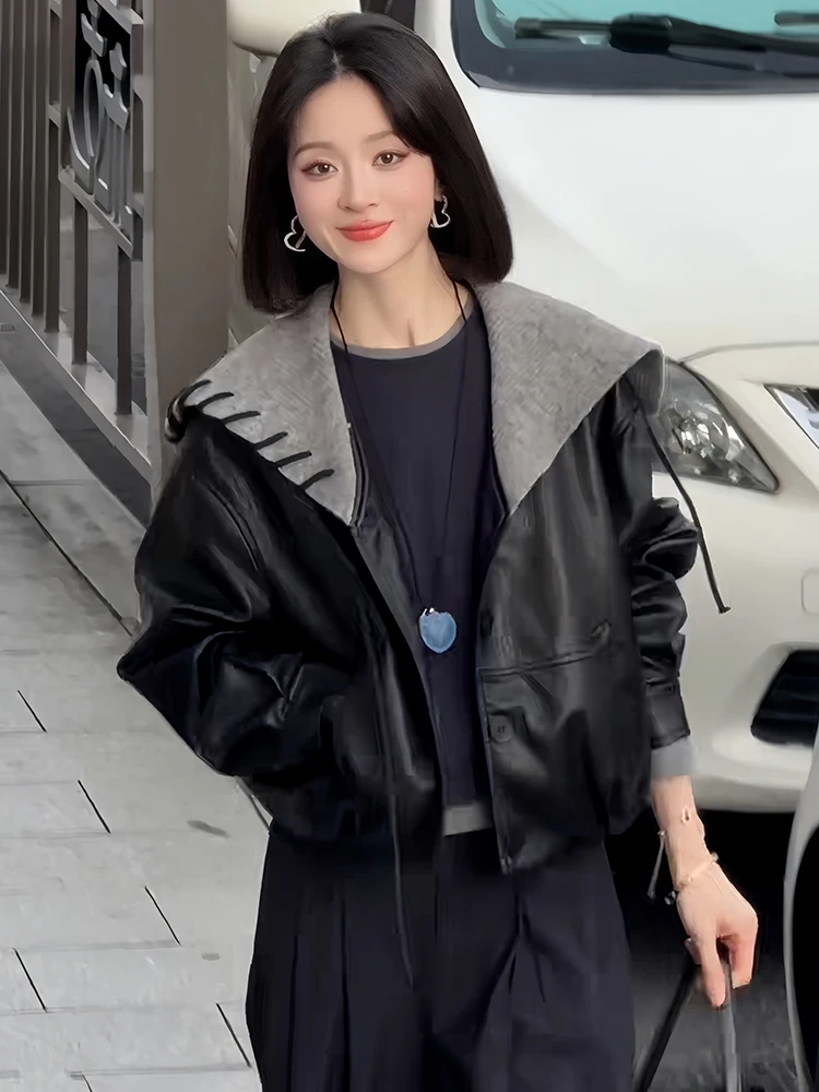 

Модная женская кожаная куртка с воротником-стойкой, весенне-осенняя, новая, универсальная, антивозрастная, повседневная, свободного кроя, короткое пальто