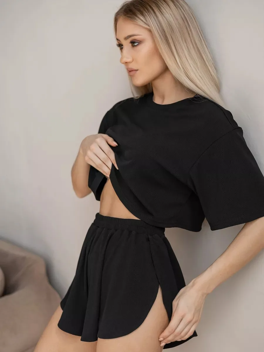 2026 Neues Sexy Damen-Pyjama-Set Kurzärmeliges T-Shirt Geteilte Shorts Pyjama 2-Teiliges Set Lässiger Rundhals Elastische Heimkleidung – Detail 1