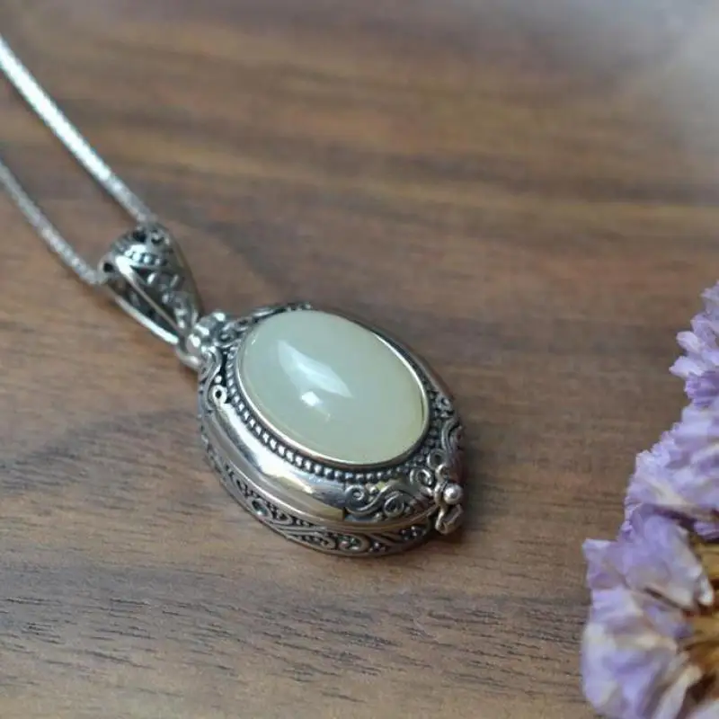 من المألوف قابلة للفتح رائعة الأبيض اليشم Gawu صندوق قلادة النحاس مرآة صندوق الكيس قلادة المرأة مجوهرات عادية الفتيات هدية