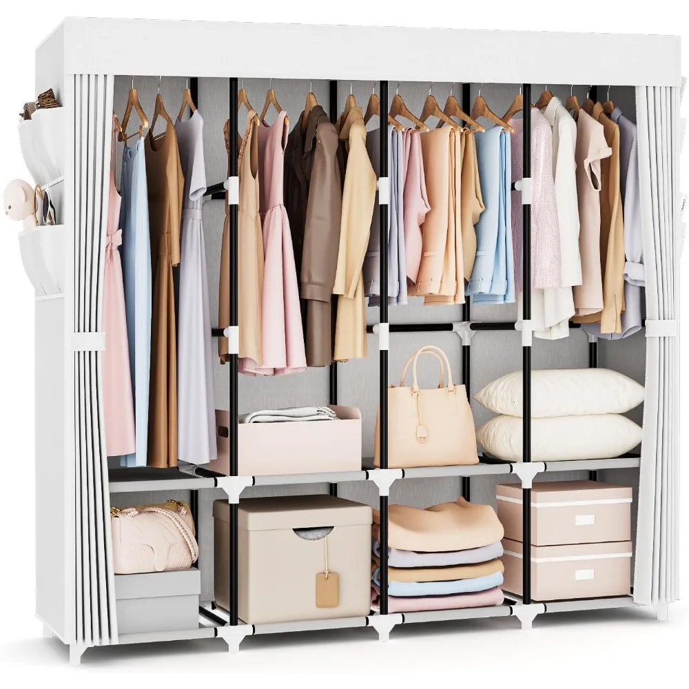 

Портативный шкаф для подвешивания одежды Ширина 67 дюймов Портативный шкаф большой вместимости с крышкой, 4 полками для хранения и 4 ха