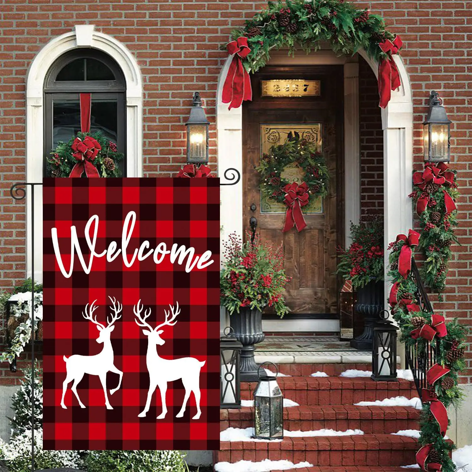 Merry Christmas Snowflake Deer 12x18inch Double Sided Burlap Garden Flag Home Outdoor Yard Welcome Winter Snow Garden Flag D yyi