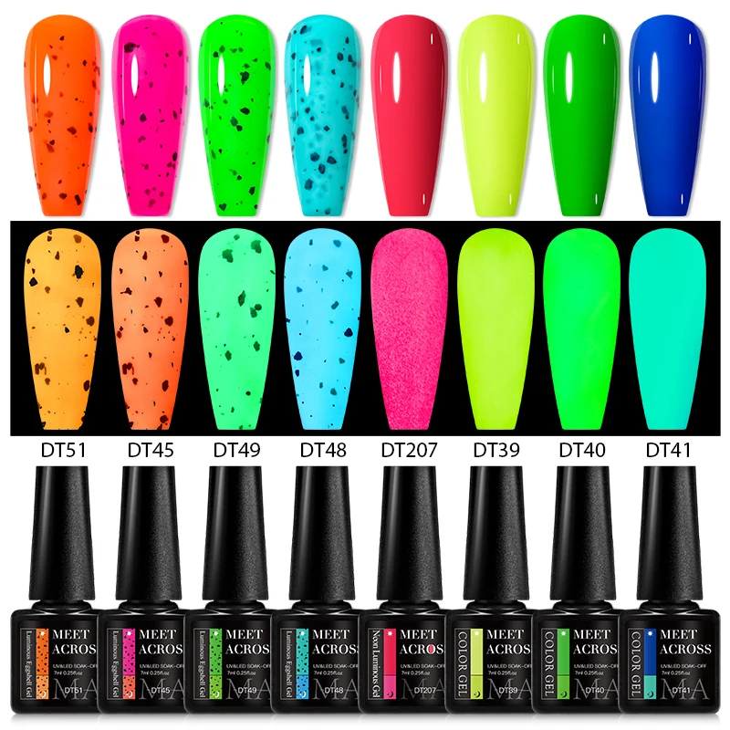 MEET ACROSS 8Pcs/Set Eggshell Fluorescent Glow In Dark Gel Nail Polish Glitter Luminous Semi Permanent Nail Art Gel Varnish Kit