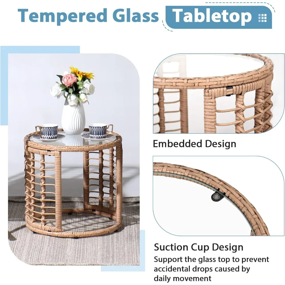 Outdoor Wicker Side Table, All-Weather Patio Rattan End Table with Glass Top, Round Coffee Table for Indoor Outdoor