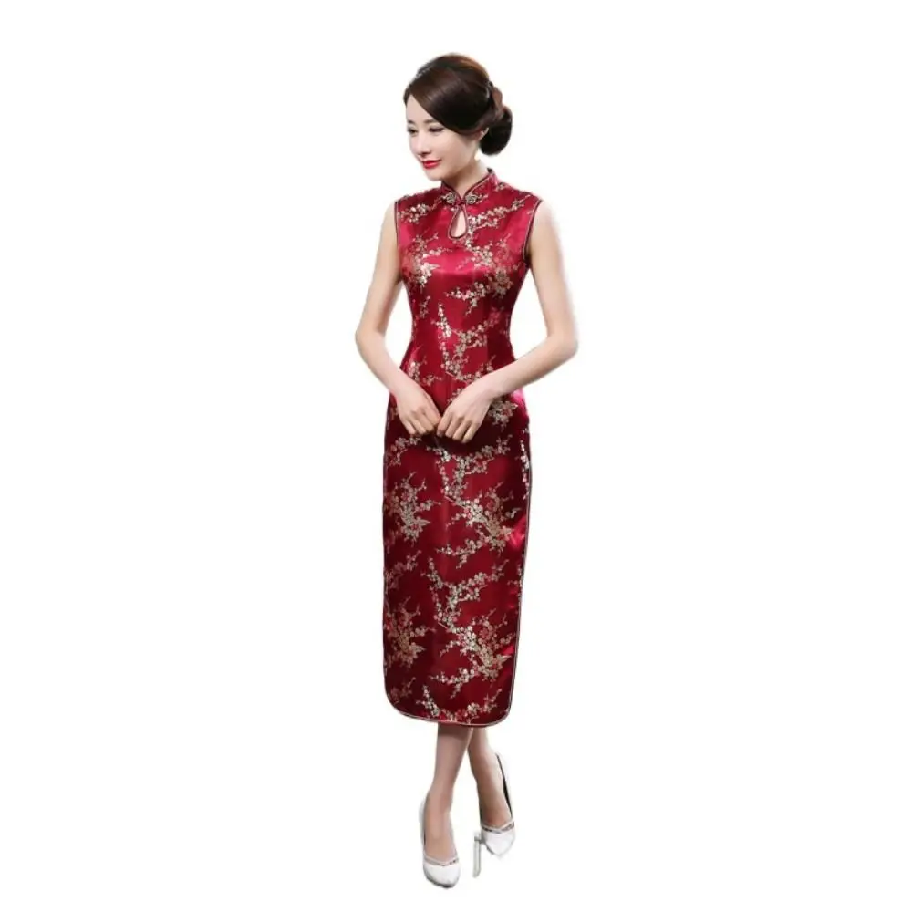 

Elegant Floral Print Cheongsam Dresses Chinese Style Mandarin Collar Bodycon Dresses Sleeveless Side Slit Chinese Qipao Women