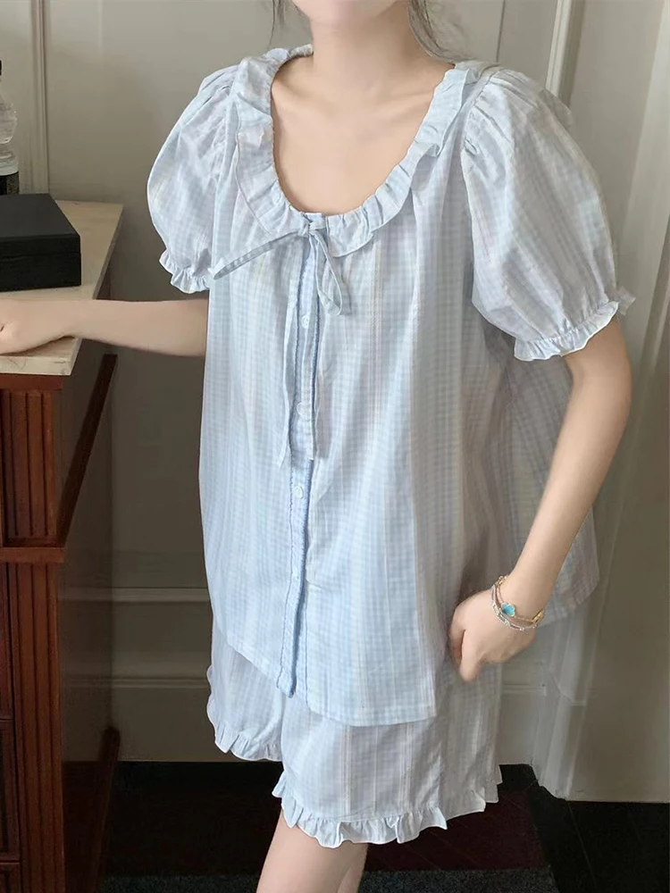 

Новые летние хлопковые пижамы в синюю клетку, женские ор Све, милый кукольный воротник, домашняя одежда, тонкий комплект, дышащая ночная рубашка