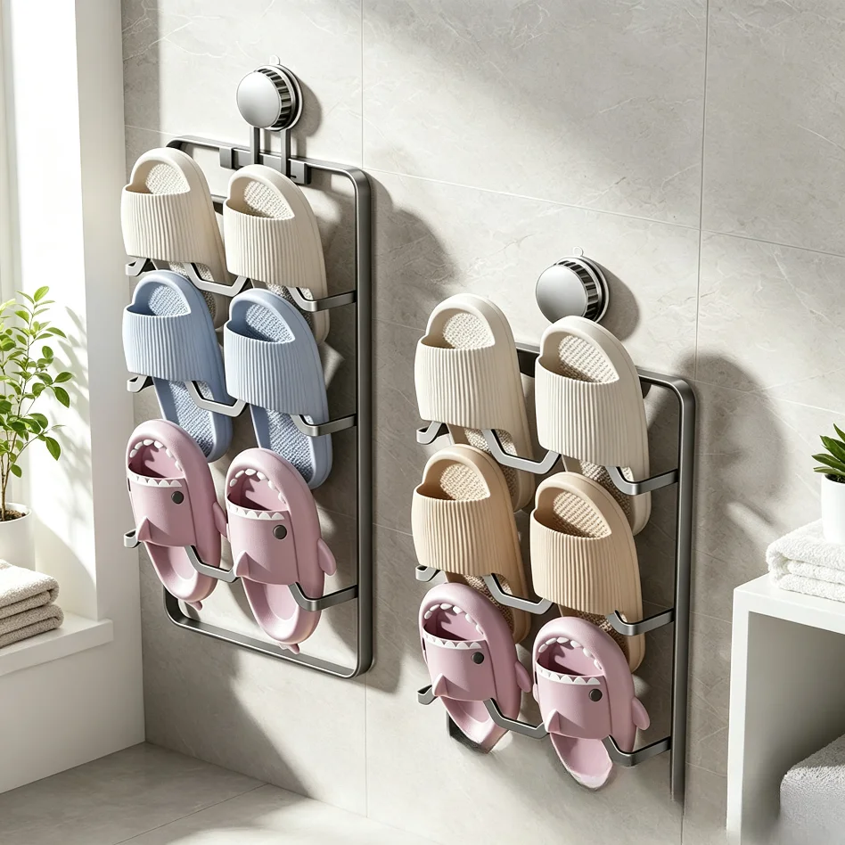 Wall‑Mount Suction Cup Slipper Holder Carbon Steel Punch‑Free Multi‑Layer Slipper Rack Space‑Saving Bathroom Behind‑Door Shoe St
