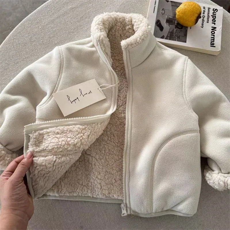Autumn Winter Baby-style Kids Cotton Jacket Pockets Fleece Solid Wool Coat Toddler Thick Lined Long-sleeve Baby Cotton Jacket