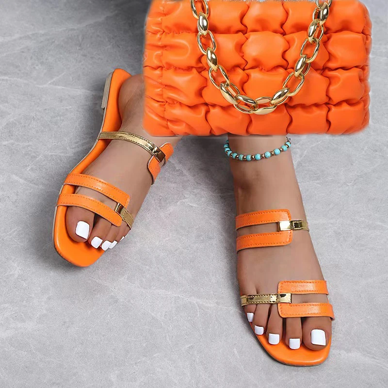 Summer New Ladies Plus Size Women's Sandals Shoes And Bag Set Candy Color Flat Fashion Casual Beach Slippers Matching Purse