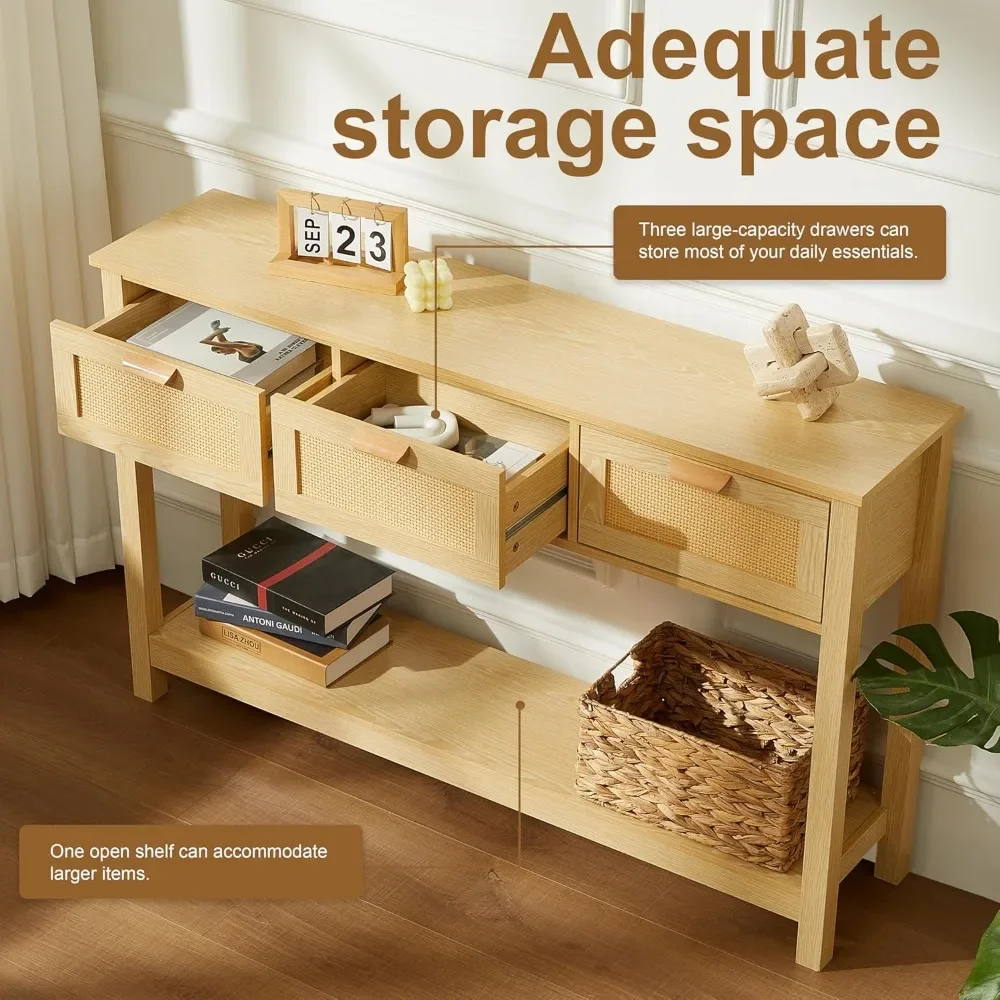 طاولة كونسول من الروطان مع 3 أدراج، طاولة مدخل بوهو مع مساحة تخزين، طاولة أريكة طويلة ضيقة مع رف مفتوح، بهو #4