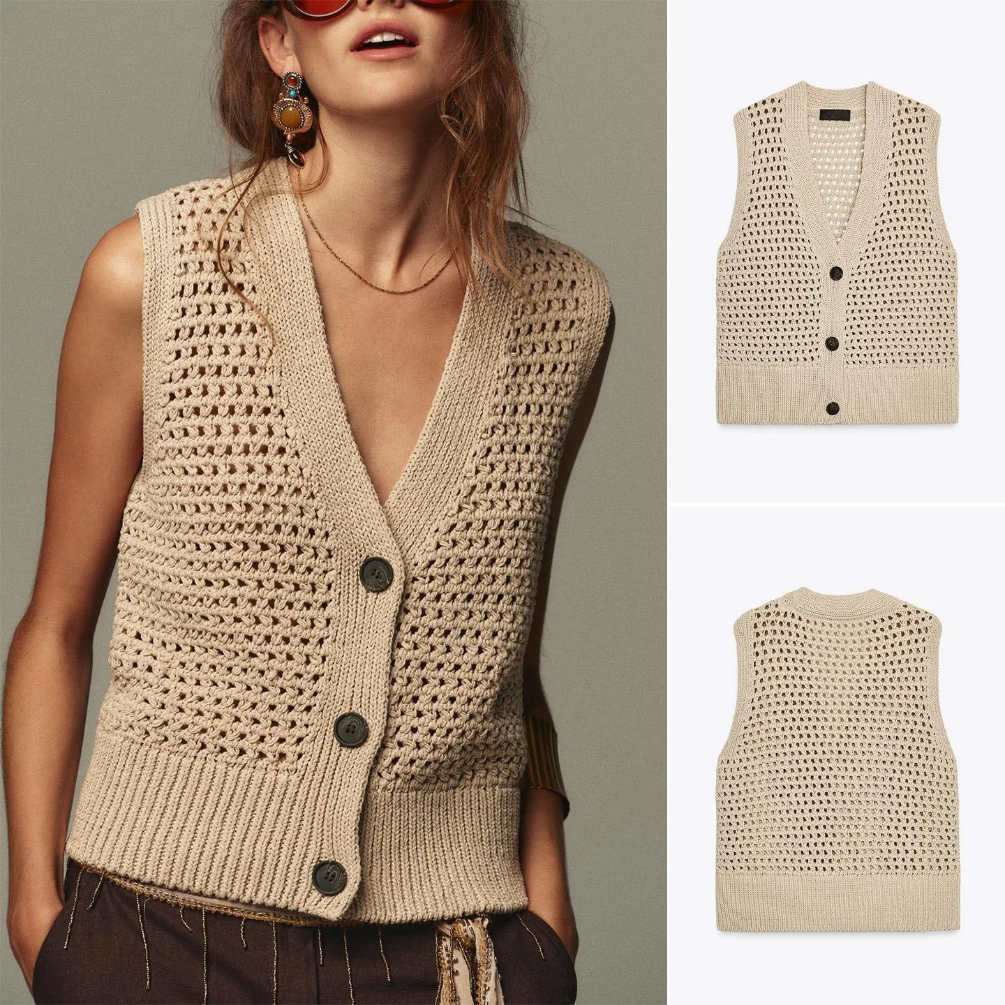 

Fall New Women's Lazy Hole Knitted Vest Svel V-Ne Open Front Sweater Commute Sle Pure Color Polyester Fiber 00%