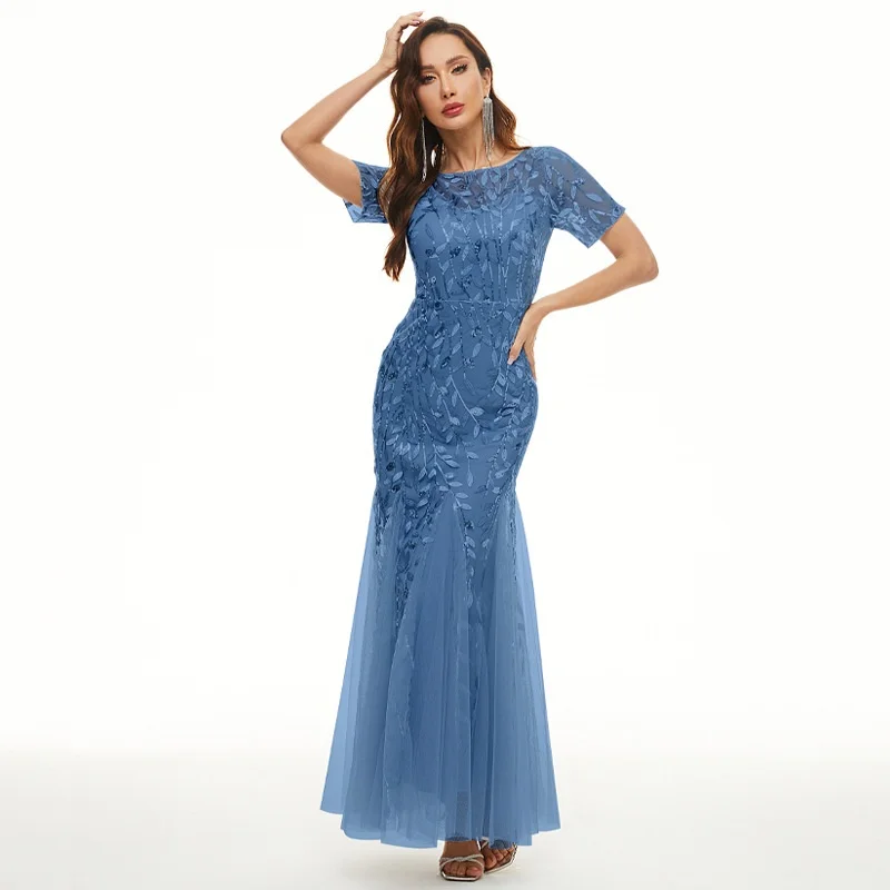 Robe sirène élégante brodée de paillettes, vêtements d'été pour femmes, manches courtes, gaine, Maxi, longue, robe de bal de soirée, robe de soirée