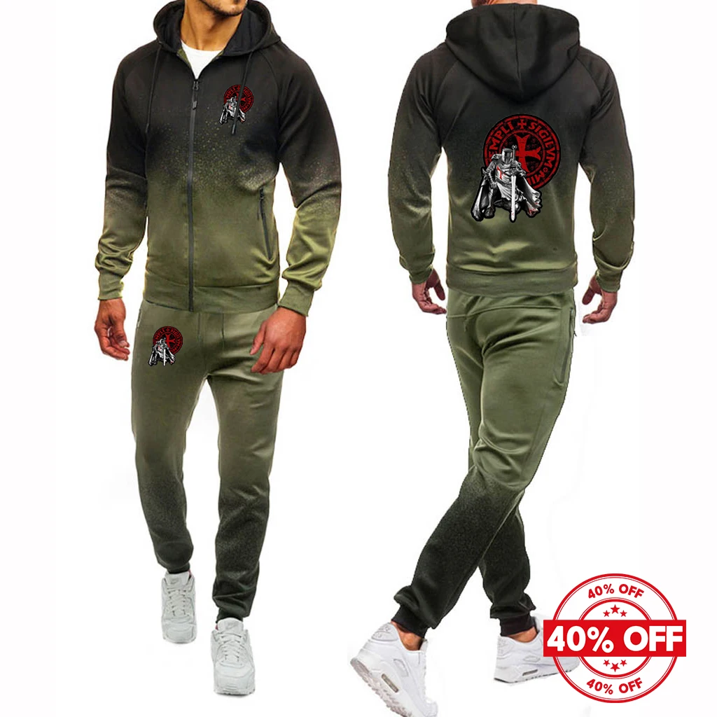 2025 الربيع والخريف رجل فرسان تمبلار نمط شعار طباعة التدرج اللون سستة هوديس + الترفيه Sweatpants طويلة الدعاوى