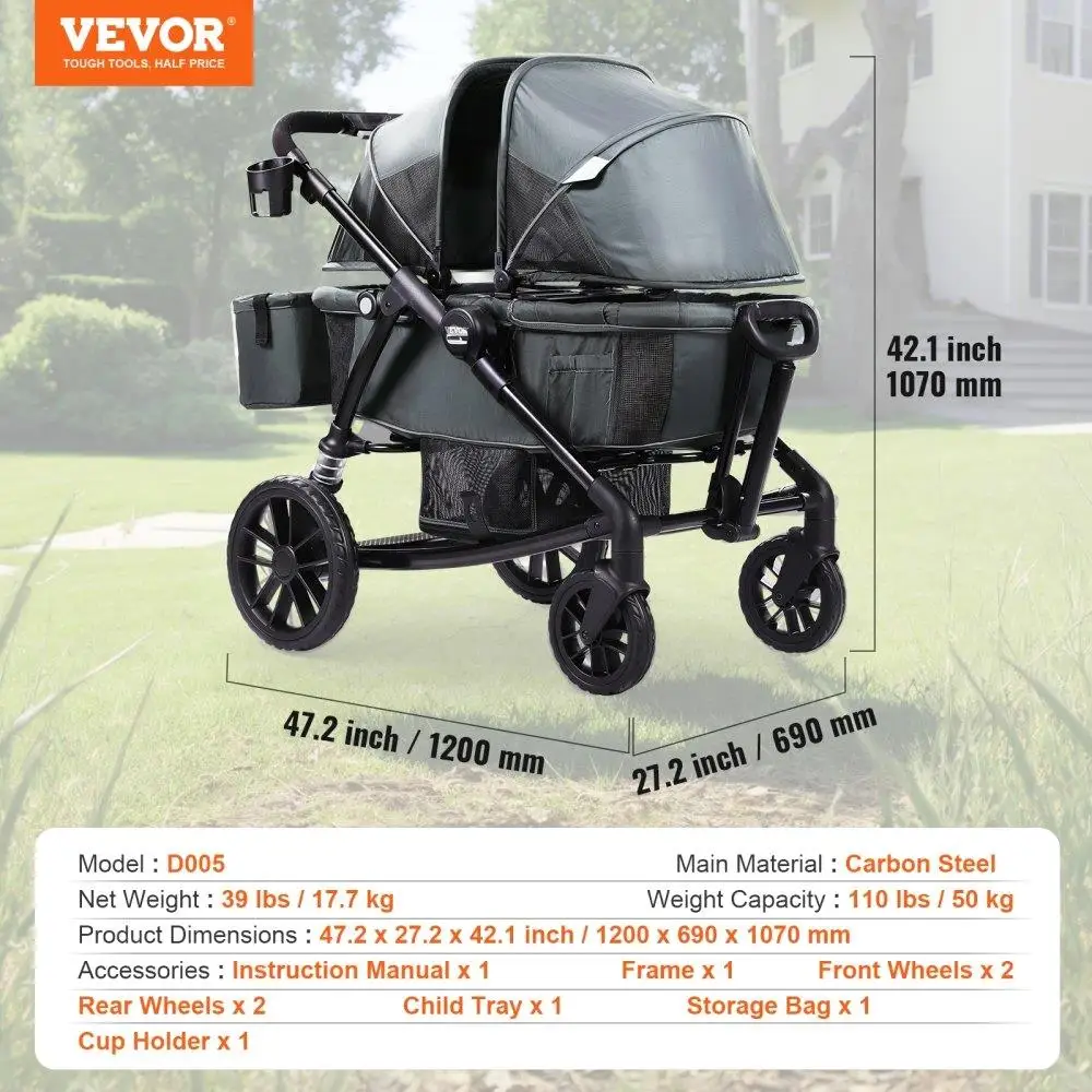 Foldable All Terrain Stroller Wagon for Two with Canopy Snack Tray and Parent Organizer Dark Grey Black