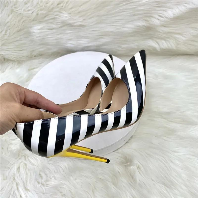 Women Pumps PU 12CM Stiletto Spring and Autumn New Black and White Striped Side Hollow Pointed Shallow Mouth Shoes Woman Shoe