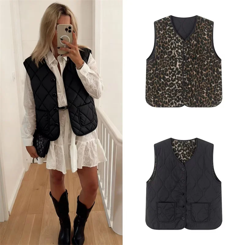 

Women's Vest 2025 Winter New Black Leopard Print Sleeveless Reversible Warm Vest Jacket Casual Fashion Versatile