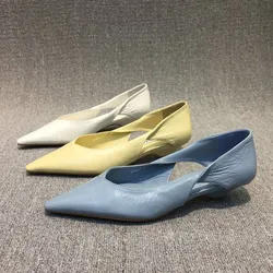 Mocassins de dedo apontado confortáveis para mulheres, salto baixo, calçado confortável, azul, elegante, de alta qualidade, jovem, verão, 2024