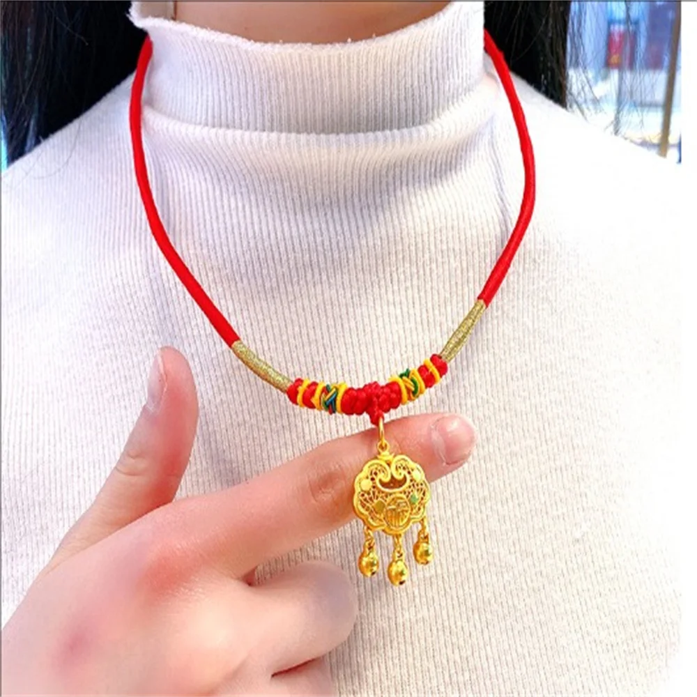 Shajin 999 Baby Gold Lock Pendant Red Rope Fortune Word Long Life Safe Lock Necklace