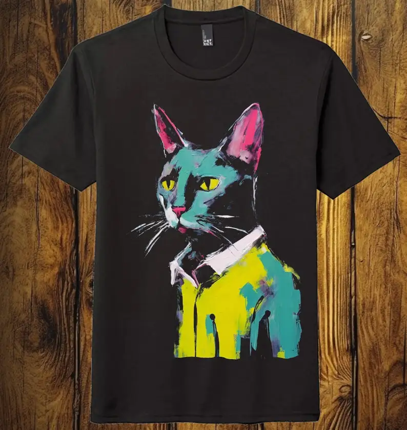 

Oil Paint Cat Neon Colors Graphic Shirt Black Unisex Soft Tshirt