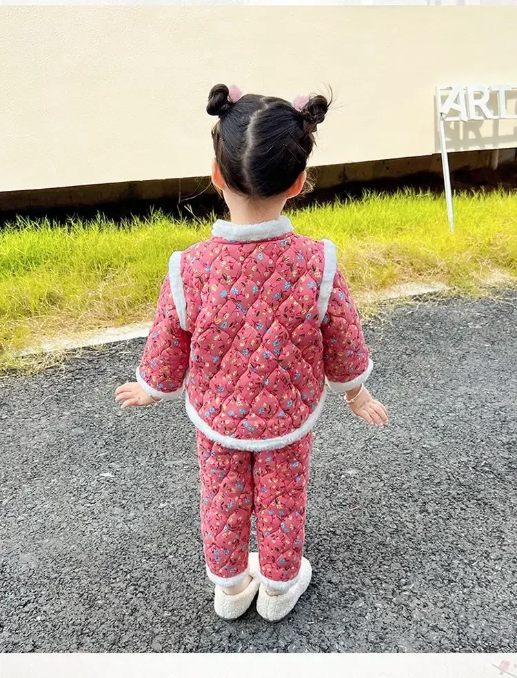 Warm Baby Coat Pants Set Traditional Chinese New Year Clothes for Kids Cute Thicken Girl Suit Costume Children Flower Boy Outfit