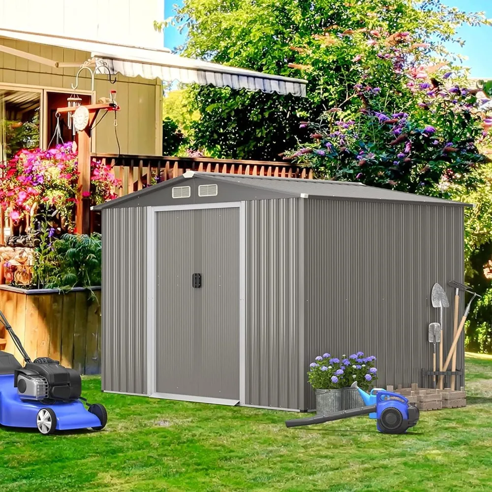 

Outdoor Storage Shed, Weather-Resistant Utility Storage House W/Foundation, 4 Air Vents, Double Doors & Ramp, Galvanized Steel