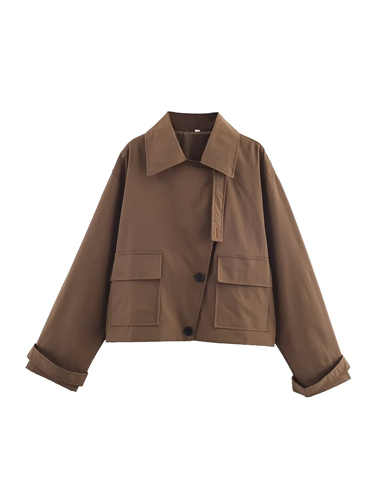سترة نسائية جديدة على الطراز الأوروبي متعددة الاستخدامات ذات لون سادة وطية صدر السترة وقصة مائلة وقصيرة من الرياح