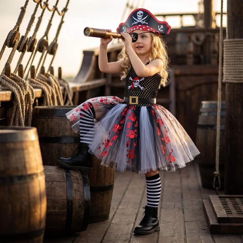 2026 Halloween Black Tutu Dress New Skull Printed Tulle Gown Party Attire Carnival Stage Outfit Fluffy Layered Mesh Festive Wear