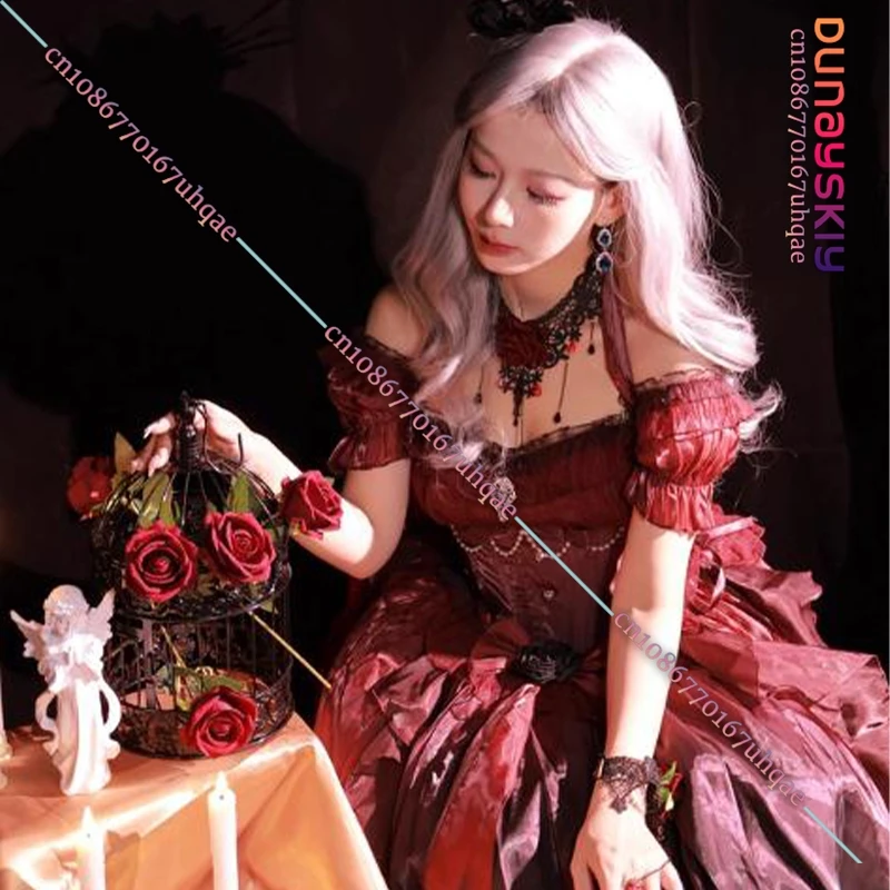 Lolita Red Dress Flower Wedding Dress Cospaly Costumes Y2K Lolita Heavy Industry Trail Puffy Princess Dress Halloween Disguise