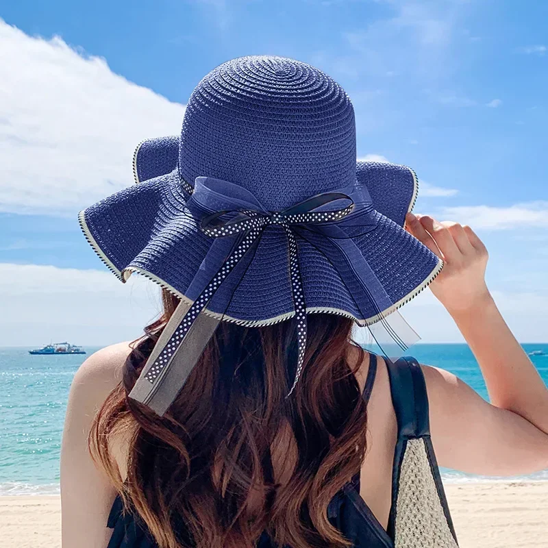 

Summer Sun Hat for Women Beach Hat Women Flat Top Ribbon Bowknot Elegant Luxury Straw Women Summer Hats