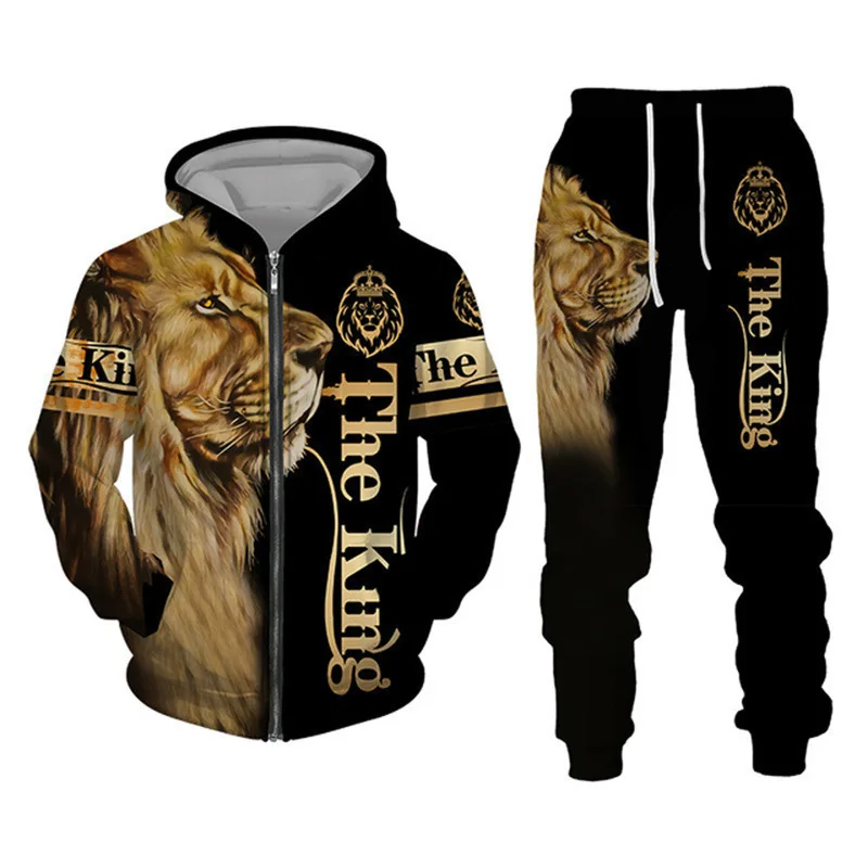 Herren Reißverschluss-Hoodie Trainingsanzug mit 3D-Grafikdruck Löwenkönig Langarm-Sweatshirt Jogginghose Locker Sitzend Herbst Winter Hip-Hop Alltagskleidung – Detail 17