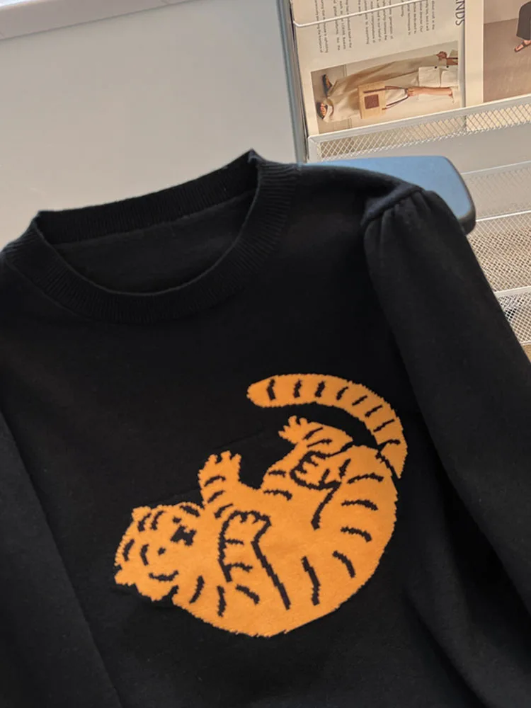 New Design Cozy Sweaters Cartoon Tiger Print Korean Style Knitted Oversize Pullover Casual Jumper 2000s Aesthetic Black Gothic