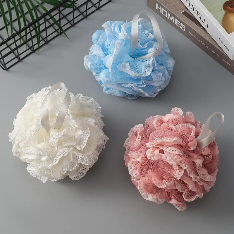 Lace Bath Sponge Ball Soft Rich Foaming Solid Color Shower Loofah With Hanging Rope For Bathroom Shower Daily Body Cleaning Use
