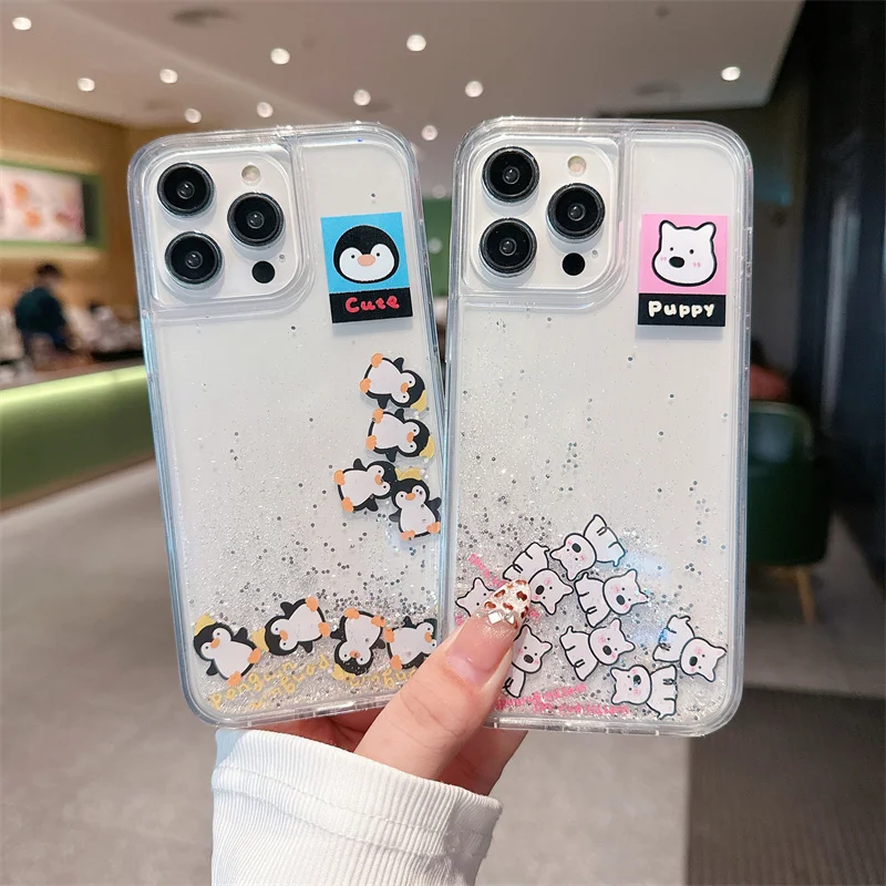 Cute Penguin Sliders Quicksand Case for iPhone 15 16 Pro Max 14 Cover Shell Anime Puppy Bear Glitter Sand Liquid Hard Funda Capa