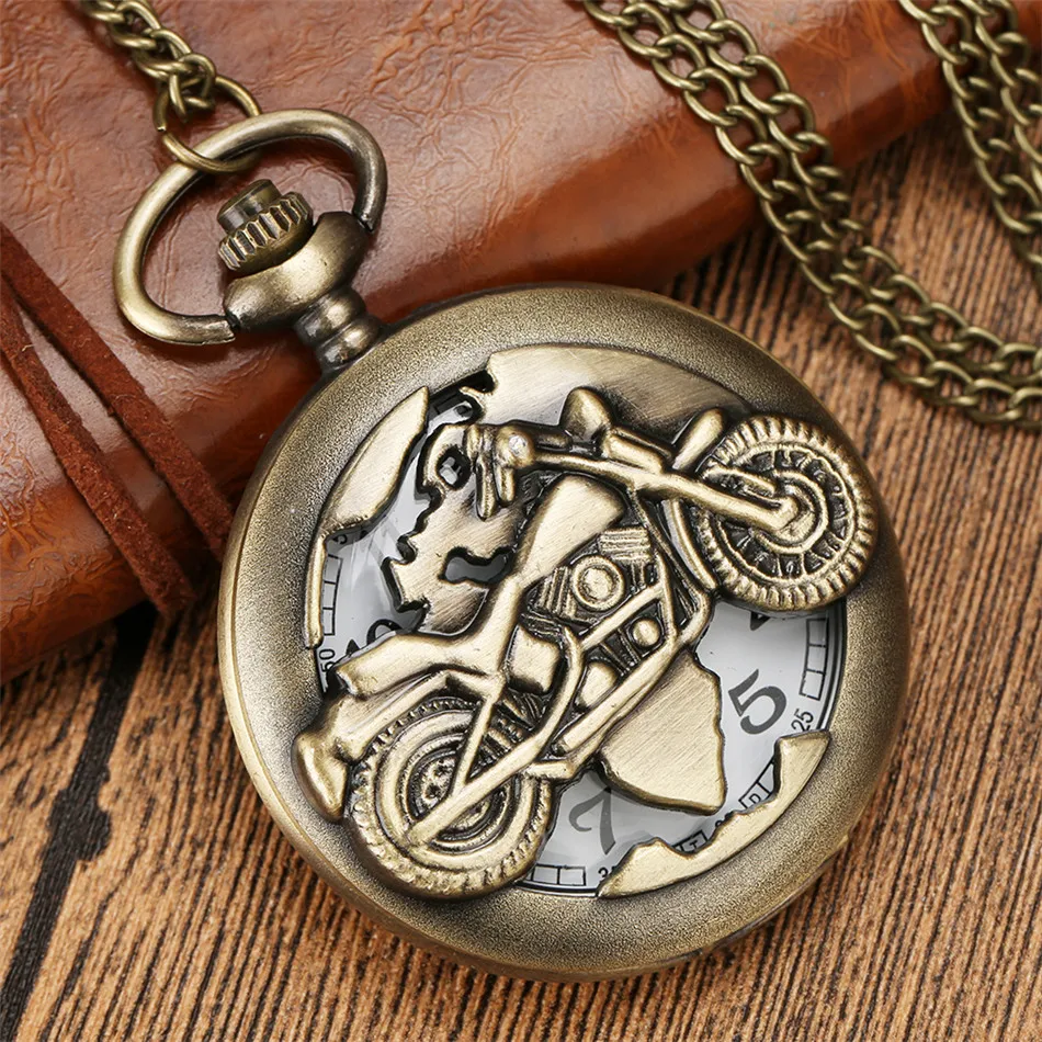 Classic Vintage Bronze Hollow Motorcycle Quartz Pocket Watch with Necklace Chain Leisure Pendant Gift Men's Clock