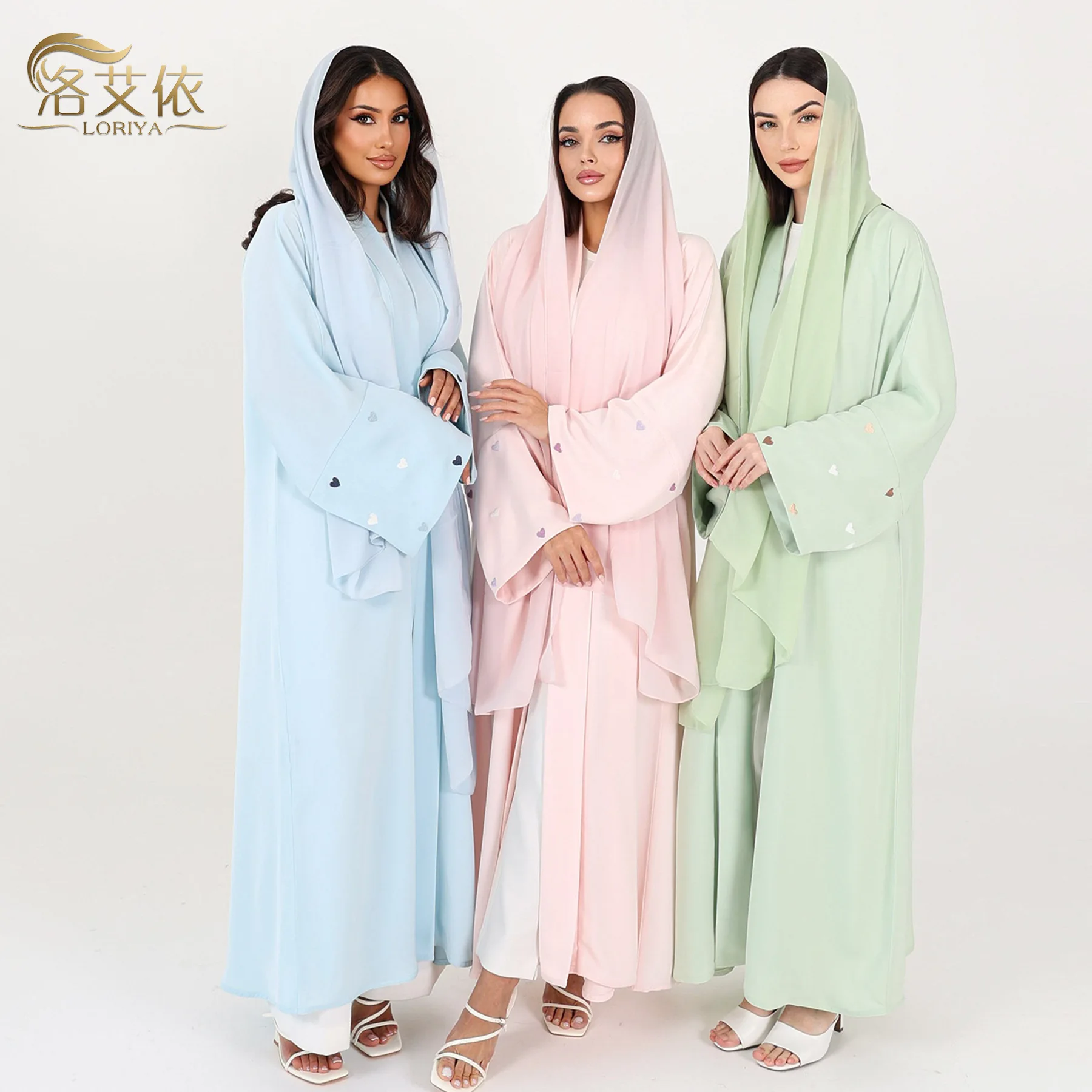 

Embroidered Light Cardigan Open Front Long Abaya Heart Embroidered Elegant Modest Robe Dubai Turkey Modest Beach Kimono