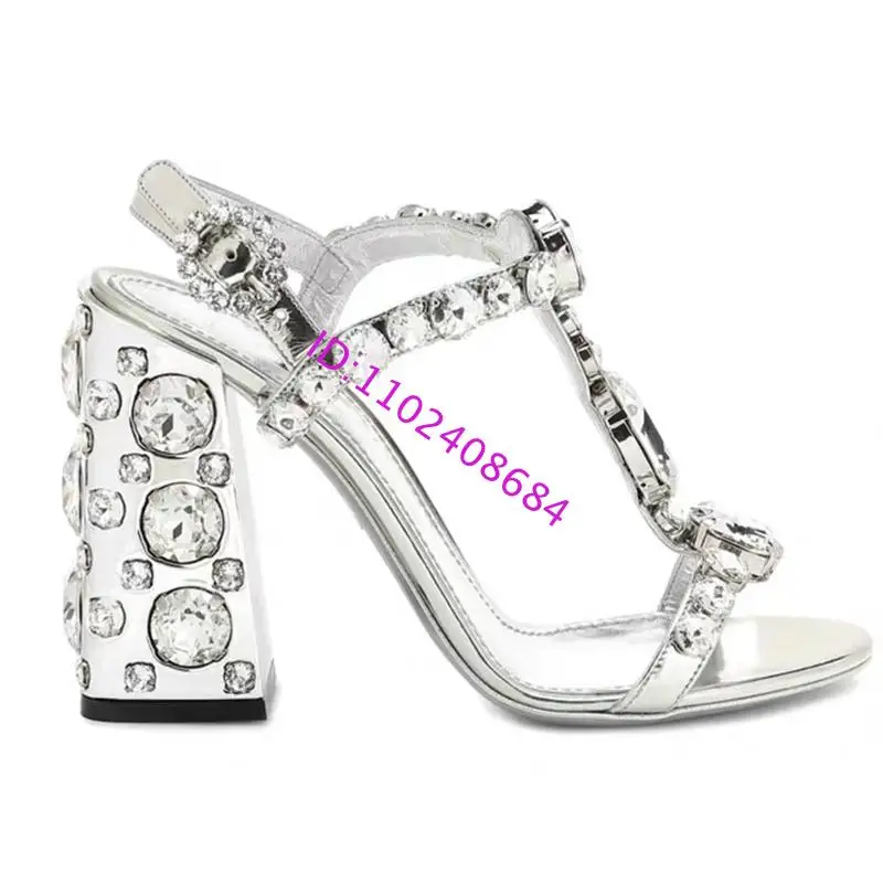 Women's Summer Genuine Leather Sandals with Large Rhinestones T-Strap Open Toe High Heel in Silver Gold with Chunky Diamonds